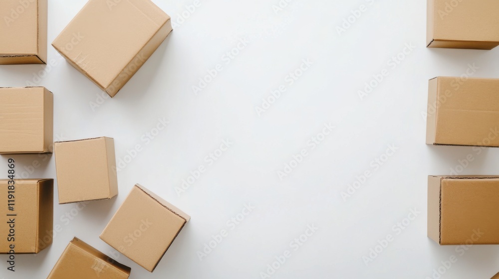 Collection of Brown Cardboard Boxes Arranged on White Surface, Perfect for Packaging, Shipping, Delivery or Storage Concepts and E-commerce Backgrounds Collection of Brown Cardboard Boxes Arranged on White Surface, Perfect for Packaging, Shipping, Delivery or Storage Concepts and E-commerce Backgrounds