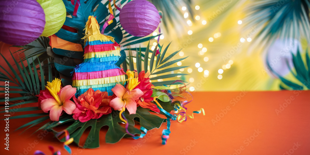Fototapeta premium Festive Pi ata with Tropical Flowers Paper Lanterns Fiesta Decor