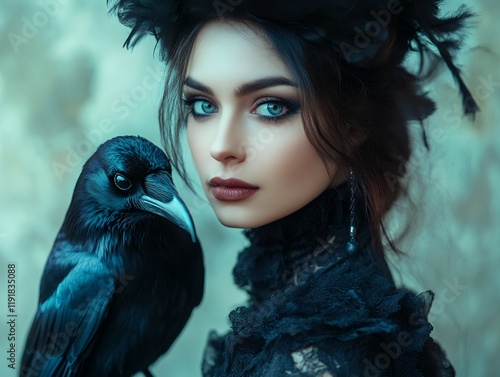 A captivating portrait of a woman in a gothic dress with a raven. Mysterious and beautiful, the image is rich in detail and atmosphere. photo