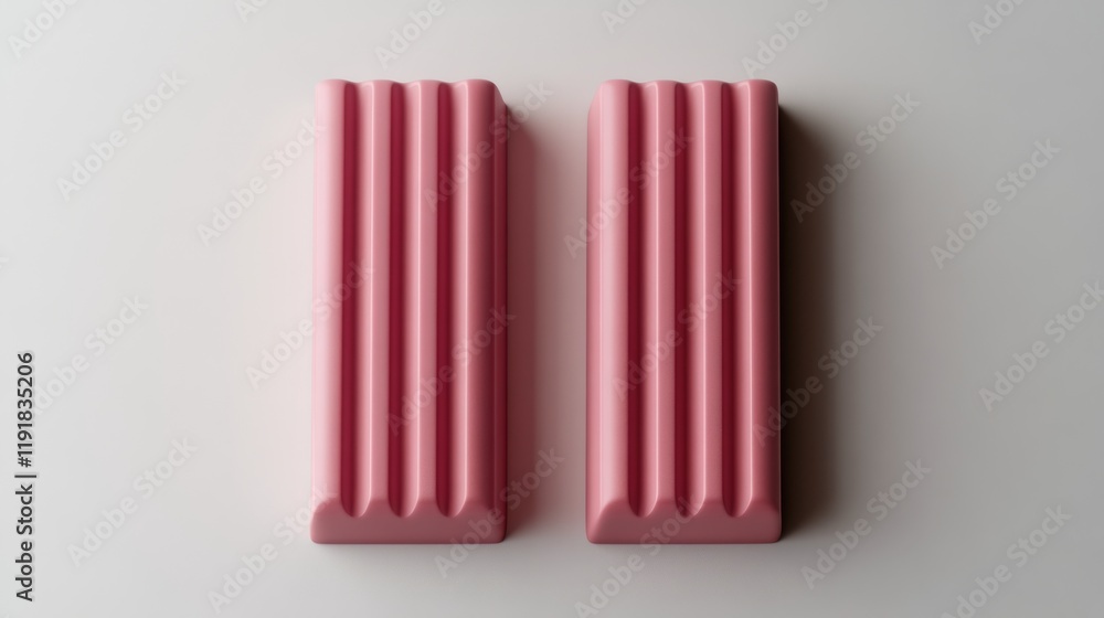 Fototapeta premium 50.Two smooth pink strawberry chocolate bars arranged vertically on a pristine white background. The bars have subtle ridges and are perfectly aligned, creating a clean, minimalistic composition.