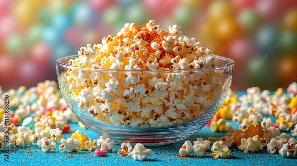 Spicy popcorn bowl, festive background, snack Spicy popcorn bowl, festive background, snack