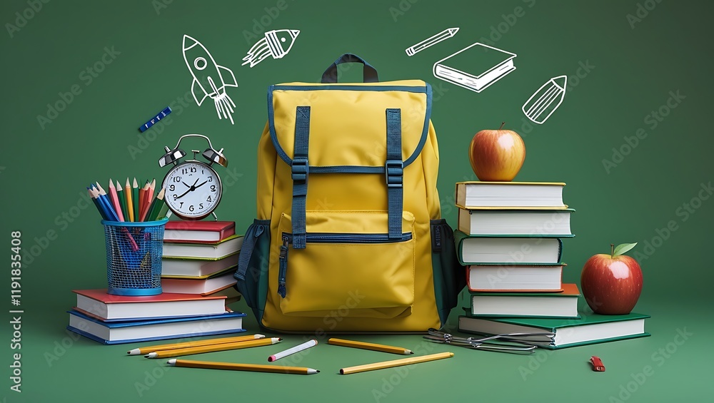 Back-to-School Concept with Yellow Backpack, Books, and Supplies Back-to-School Concept with Yellow Backpack, Books, and Supplies