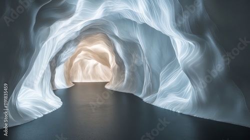 6.A surreal, glowing white tunnel set against a vast dark void. The wide-angle perspective emphasizes the deepness and otherworldly nature of the tunnel, with walls seemingly made of polished light