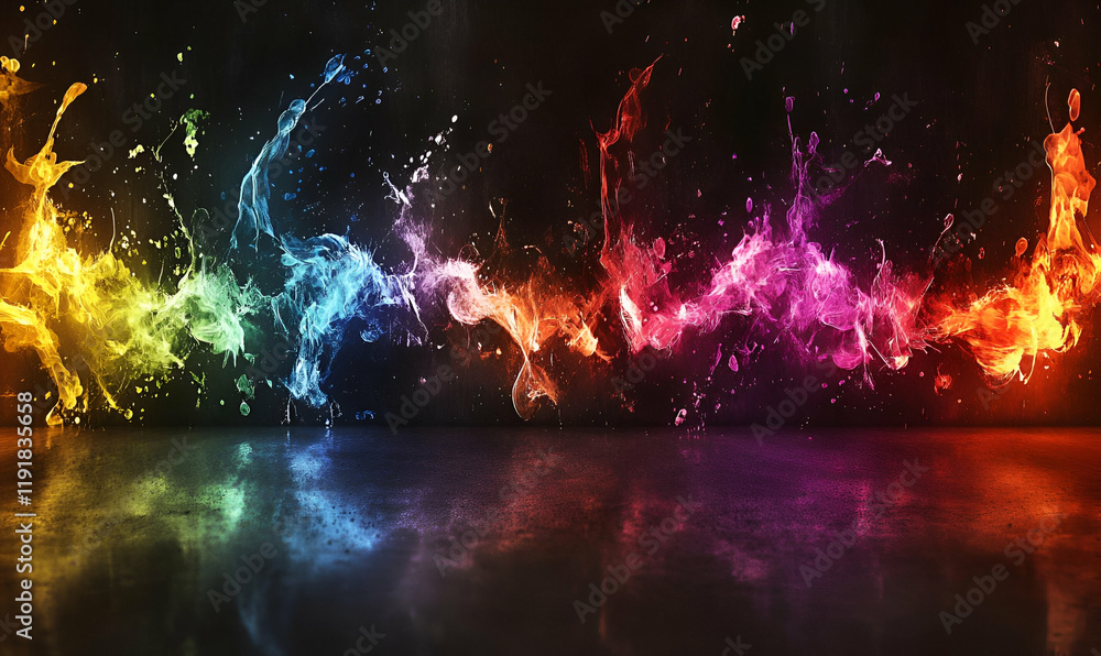 A vibrant splash of colors creating an abstract wave effect against a dark background. A vibrant splash of colors creating an abstract wave effect against a dark background.