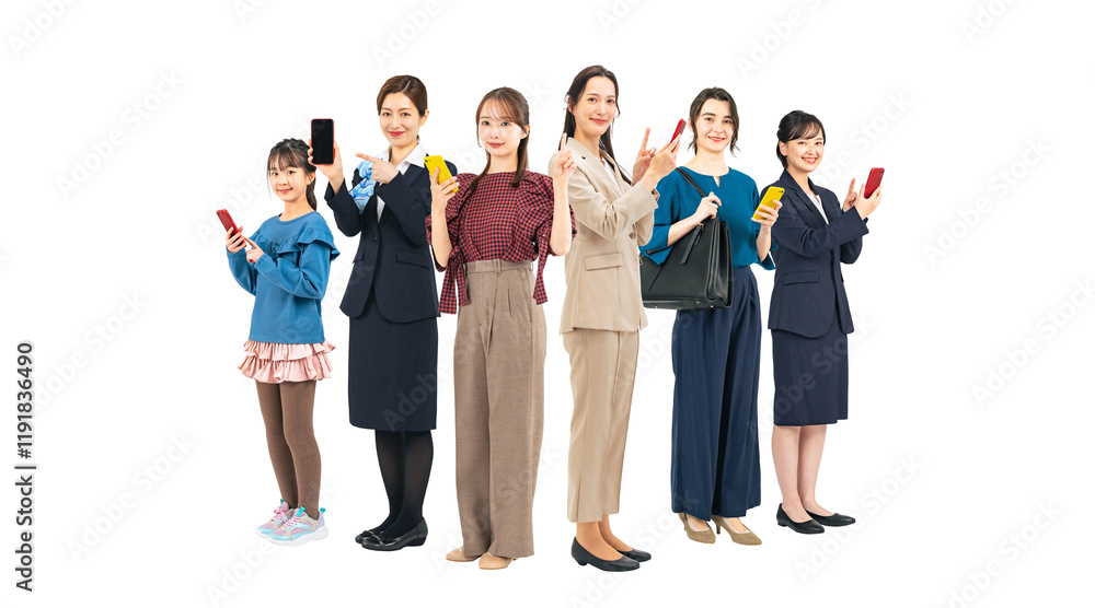 Obraz premium スマホを使う幅広い世代の女性グループ 手作業で精密に切り抜いた背景透過全身写真PNG(1人ずつのPNG画像も販売しております。作成者リンクから「PNG」で検索してください)