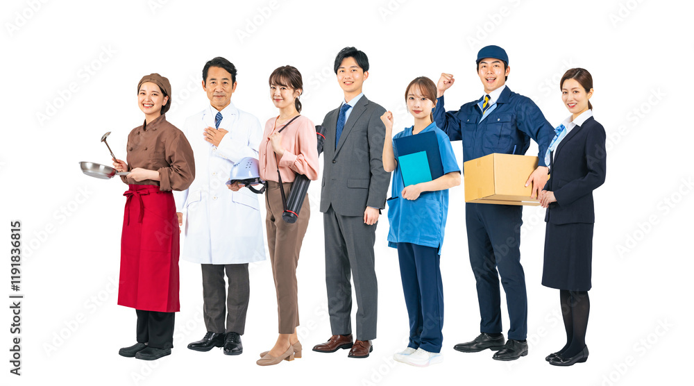Fototapeta premium 横に並ぶ様々な職業の人々のグループ 手作業で精密に切り抜いた背景透過全身写真PNG（1人ずつのPNG画像も販売しております。作成者リンクから「PNG」で検索してください）