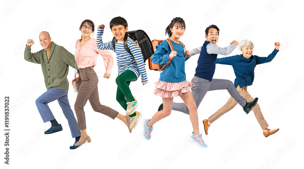 Obraz premium 元気よくジャンプする三世代家族 手作業で精密に切り抜いた背景透過全身写真PNG（1人ずつのPNG画像も販売しております。作成者リンクから「PNG」で検索してください）
