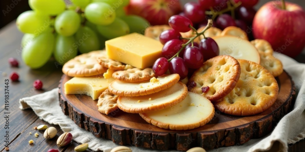 A delectable arrangement of cheese, crackers, grapes, and apples on a rustic wooden board A delectable arrangement of cheese, crackers, grapes, and apples on a rustic wooden board