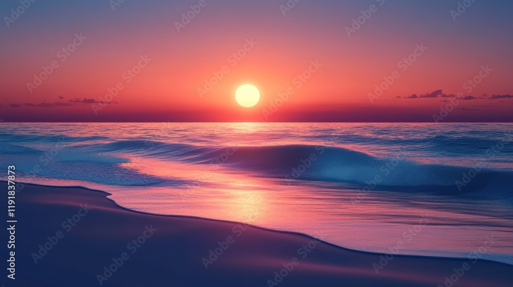 Fototapeta premium Vibrant sunset over calm ocean waves on sandy beach.
