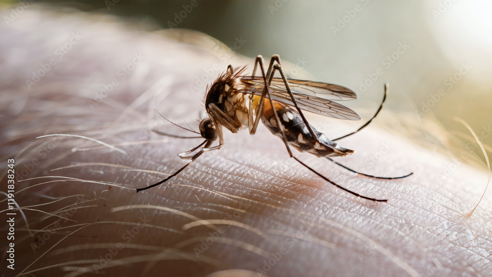 Naklejka premium Close-Up of a Mosquito on Human Skin, A Visual Representation of Dengue Fever Risk: A highly detailed close-up photo of a mosquito resting on a human arm