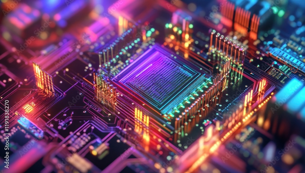 Obraz premium Close-Up of a Circuit Board with Glowing Wires