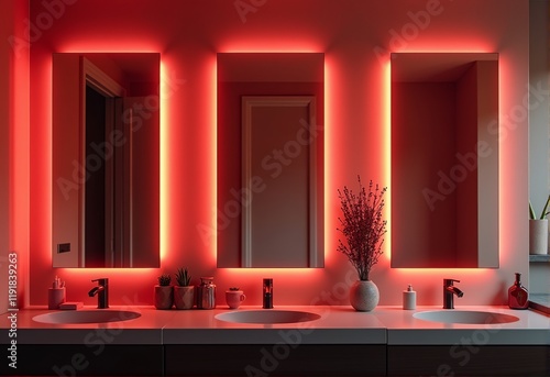 Sleek and Contemporary Bathroom Featuring Three Vanity Mirrors with Ambient Red Lighting for a Relaxing Environment photo