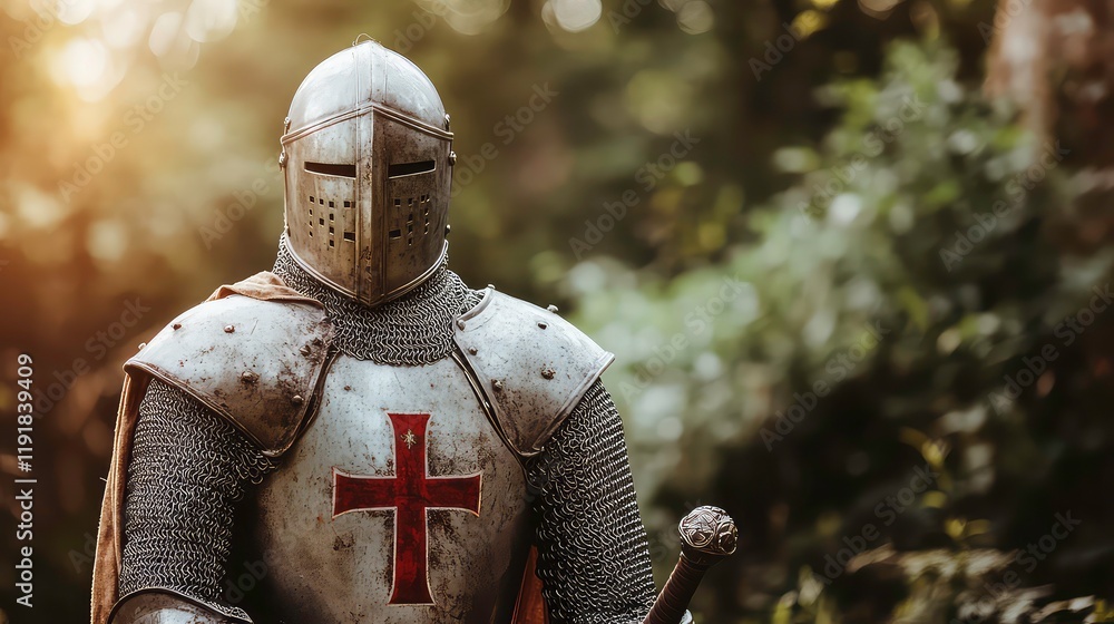 Medieval knight in armor, standing confidently in nature. Detailed metal armor, chainmail, and cross emblem. Medieval knight in armor, standing confidently in nature. Detailed metal armor, chainmail, and cross emblem.