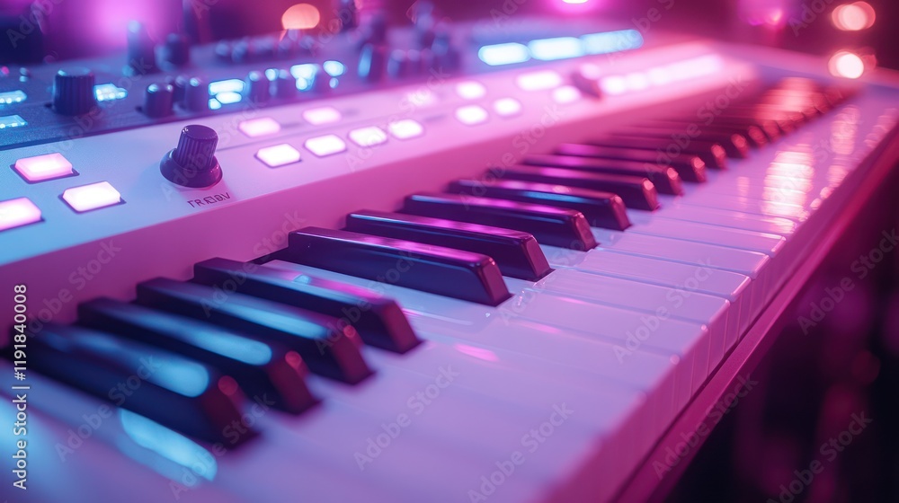 Synth Keyboard in Neon Lights: A Close-Up of Musical Instrument Synth Keyboard in Neon Lights: A Close-Up of Musical Instrument