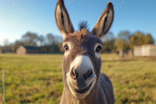 Close-up of a smiling donkey in a field. Its happy expression brightens the sunny day.
