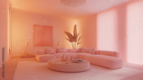 Pink living room, sunset lighting, modern decor, calm ambience, interior design photo