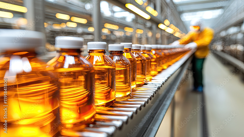 Naklejka premium Bottles of amber liquid on production line in factory setting