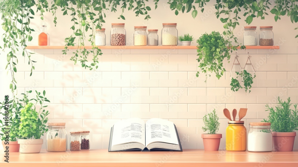 Fototapeta premium Open cookbook on kitchen counter with herbs, spices, and hanging plants.