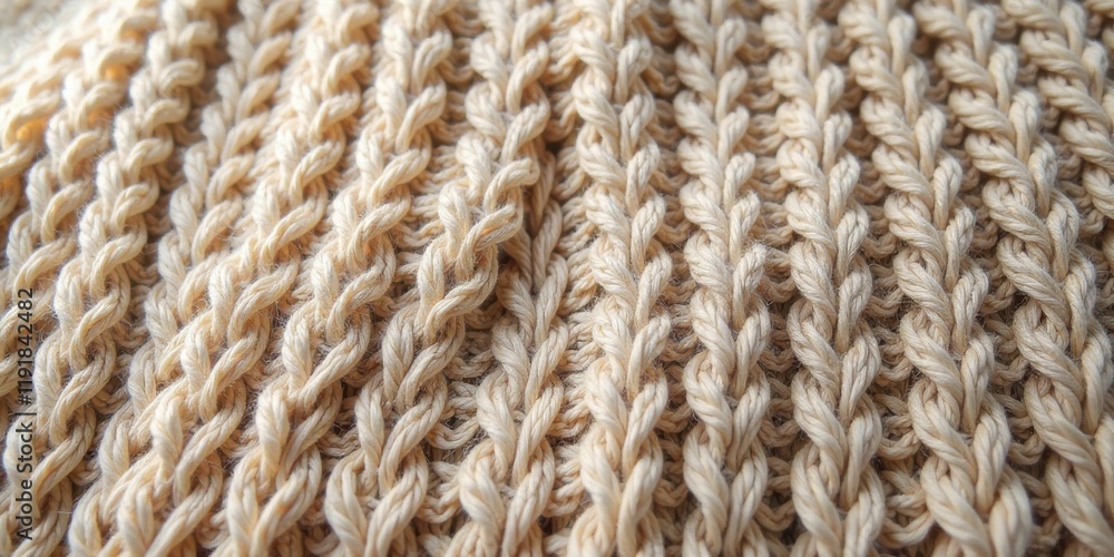 Close-up view of a textured beige knitted fabric showing intricate cable knit pattern details Close-up view of a textured beige knitted fabric showing intricate cable knit pattern details