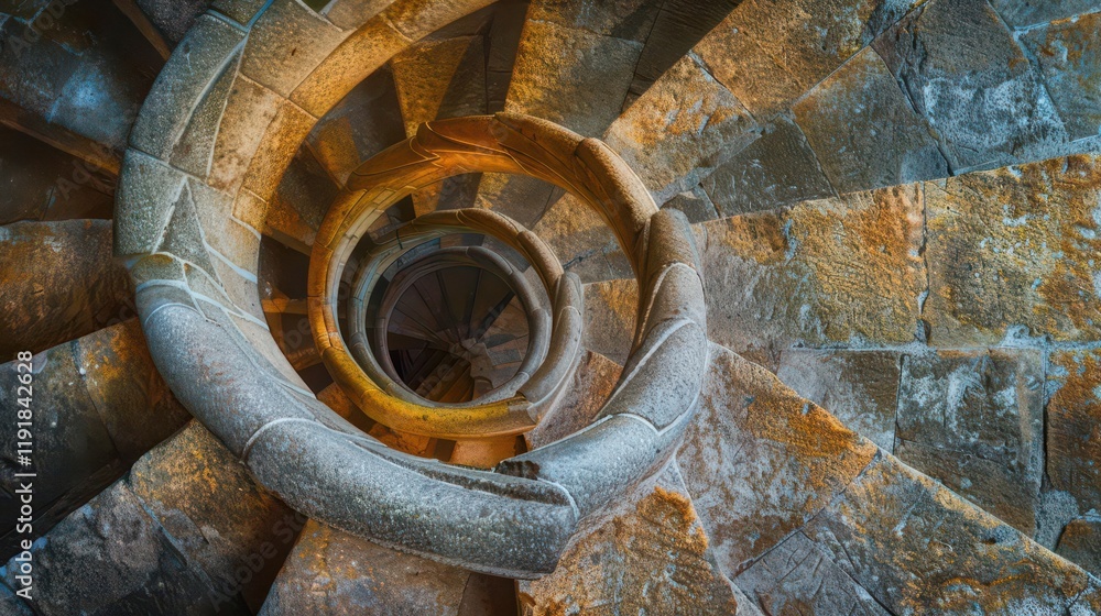 A view of a spiral stone staircase showcasing architectural design and texture. A view of a spiral stone staircase showcasing architectural design and texture.