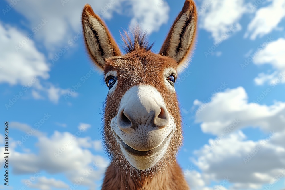 Obraz premium Close-up of a smiling donkey with a bright blue sky background.