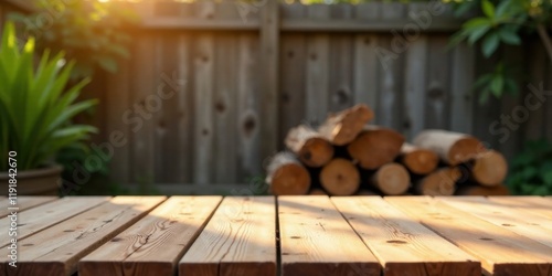 Rustic Wooden Tabletop in Serene Backyard Setting with Sunlit Planks and Blurred Wooden Logs