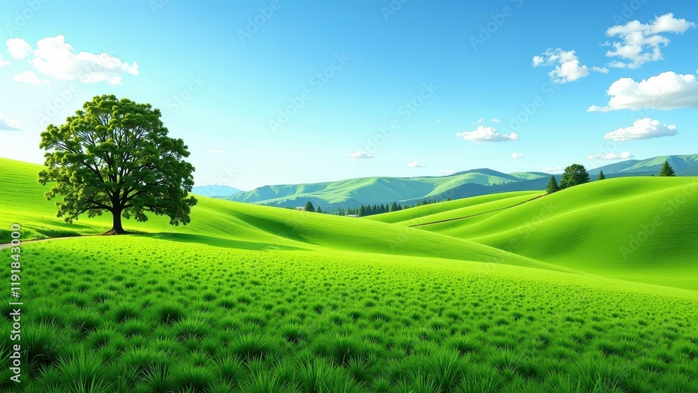 Fototapeta premium A verdant meadow bathed in sunlight, featuring a solitary, graceful tree casting shadows over lush green blades of grass—an idyllic outdoor escape