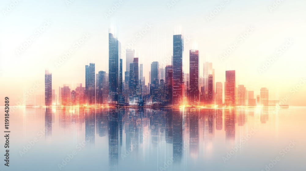 Modern city skyline reflecting on calm water at sunrise. Modern city skyline reflecting on calm water at sunrise.