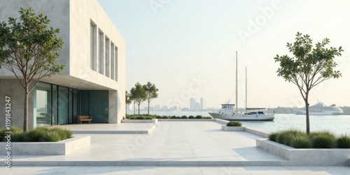 Wallpaper Mural Modern Coastal Residence with Expansive Patio Overlooking Calm Waters and Distant Skyline Torontodigital.ca