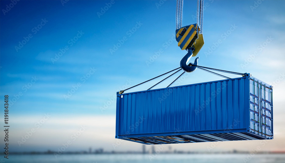 crane hook with a cargo blue container for text crane hook with a cargo blue container for text