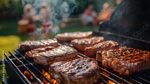 Delicious steaks grilling outdoors on a barbecue
