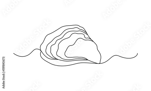Oyster drawn with continuous line in minimalism, abstract style, bivalve mollusk, marine inhabitant, delicacy, food, one line, editable vector contour