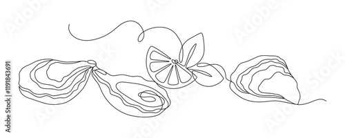 Oysters with lemon drawn with continuous line in minimalism, abstract style, bivalve mollusk, marine inhabitant, delicacy, one line, editable vector contour