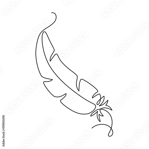 Bird feather drawn with continuous line in minimalism, abstract, symbol of kinship and spiritual unity, concept of truth, element of wind and air, one line, editable vector contour