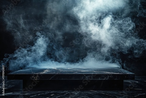 A dark room with a black stone floor and an empty black marble table is filled with smoke- creating a mysterious and atmospheric setting for a stock photo photo