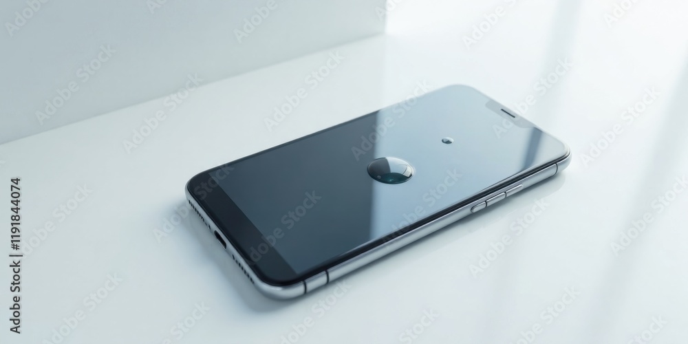 A sleek smartphone rests on a pristine white surface, adorned with a couple of water droplets on its screen, showcasing its smooth, polished design and reflective qualities. A sleek smartphone rests on a pristine white surface, adorned with a couple of water droplets on its screen, showcasing its smooth, polished design and reflective qualities.
