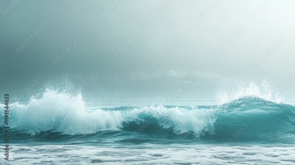 Ocean waves crashing on the shore under a hazy sky. Ocean waves crashing on the shore under a hazy sky.