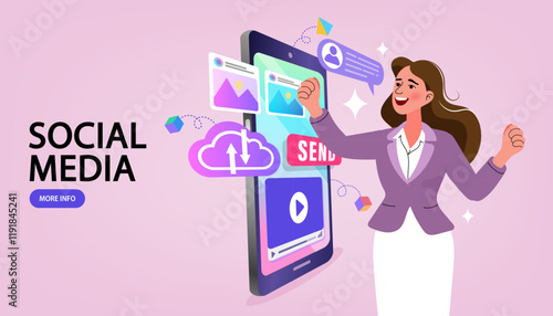 A professional social media manager successfully launches a new content campaign from her smartphone. This concept is ideal for illustrating digital marketing, brand management, and online strategy.