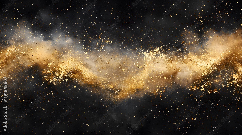 Fototapeta premium Cosmic Gold Dust Explosion Space Abstract Art Dark Background Wide Angle Mystical Concept