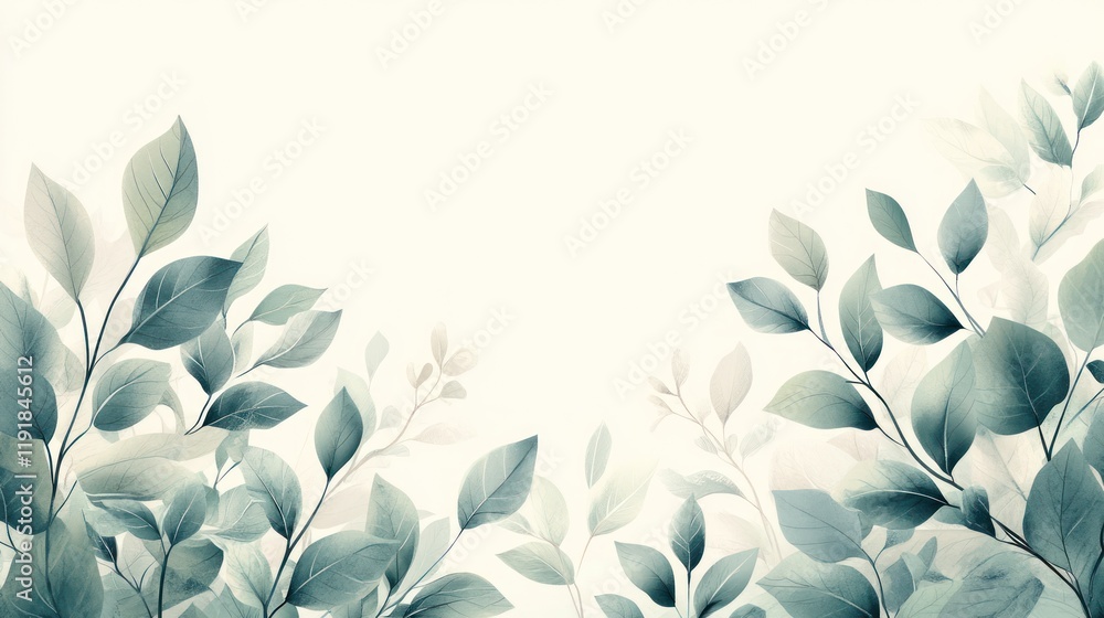Elegant teal and beige leaves border on white background. Elegant teal and beige leaves border on white background.