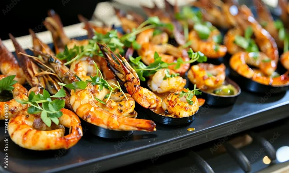 Exquisite Grilled Shrimp with Fresh Herbs and Garnish Served on a Black Platter for Culinary Presentation and Gourmet Dining Experience Exquisite Grilled Shrimp with Fresh Herbs and Garnish Served on a Black Platter for Culinary Presentation and Gourmet Dining Experience
