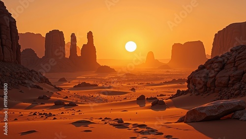 Sunrise ignites an eye-level desert vista; orange skies frame a distant, serene horizon under the mid-image sun's gentle rise photo