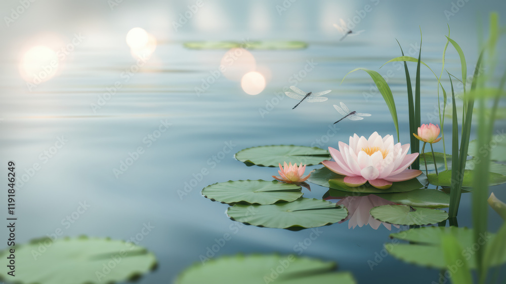 Serene Water Lily Pond Dragonflies Lily Pads Peaceful Nature Serene Water Lily Pond Dragonflies Lily Pads Peaceful Nature