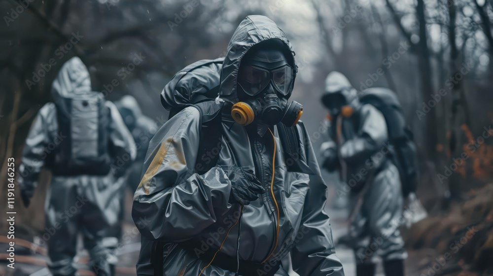 A group of individuals in protective gear navigating a foggy, forested area. A group of individuals in protective gear navigating a foggy, forested area.