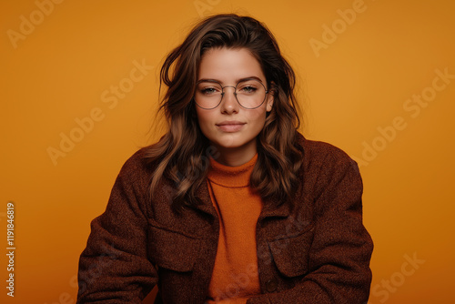 Portrait of a woman with glasses in a cozy sweater against a warm orange background