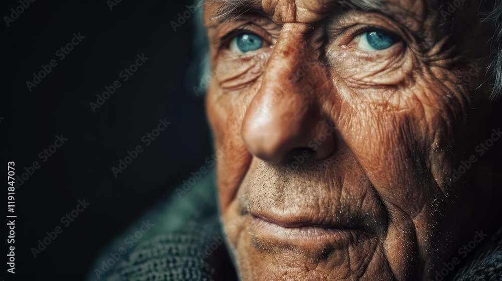 Close-up portrait of an elderly man with deep wrinkles and striking blue eyes. Close-up portrait of an elderly man with deep wrinkles and striking blue eyes.