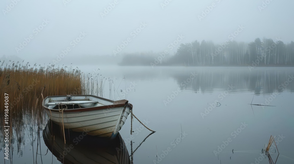 Fototapeta premium A serene boat on a foggy lake, surrounded by tall grasses and trees in the background.