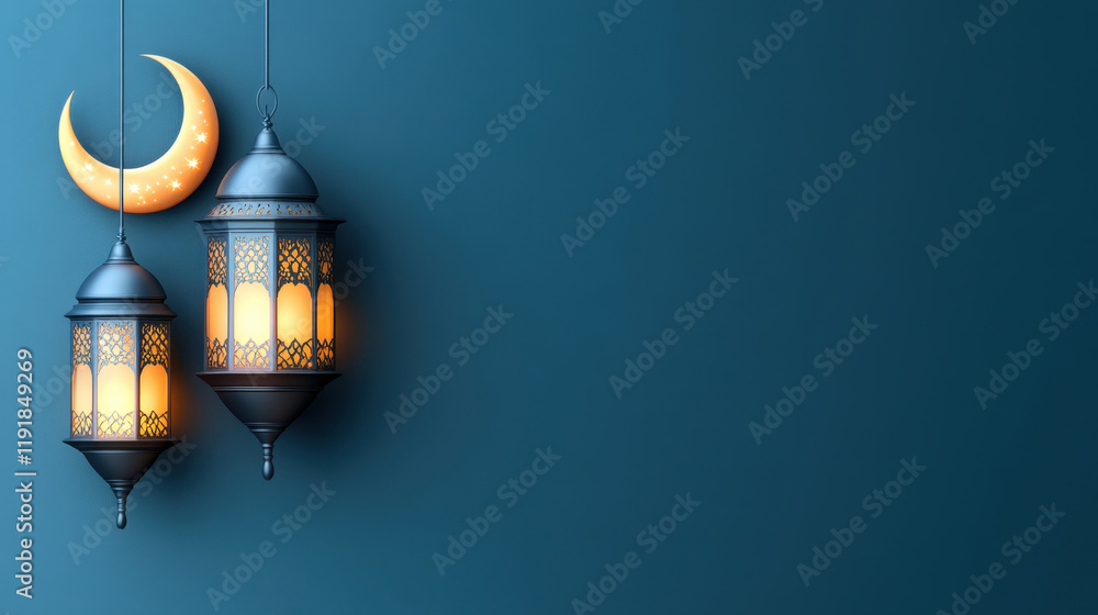 Elegant lanterns and crescent moon on a serene blue background Elegant lanterns and crescent moon on a serene blue background