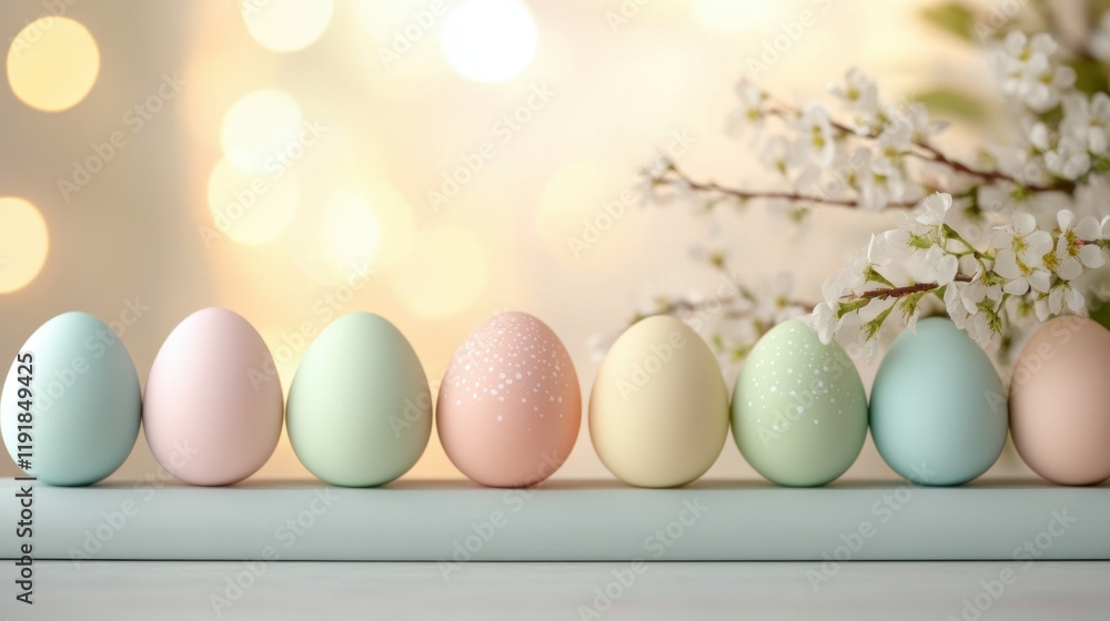 Fototapeta premium Colorful Easter eggs arranged with delicate blossoms and soft bokeh