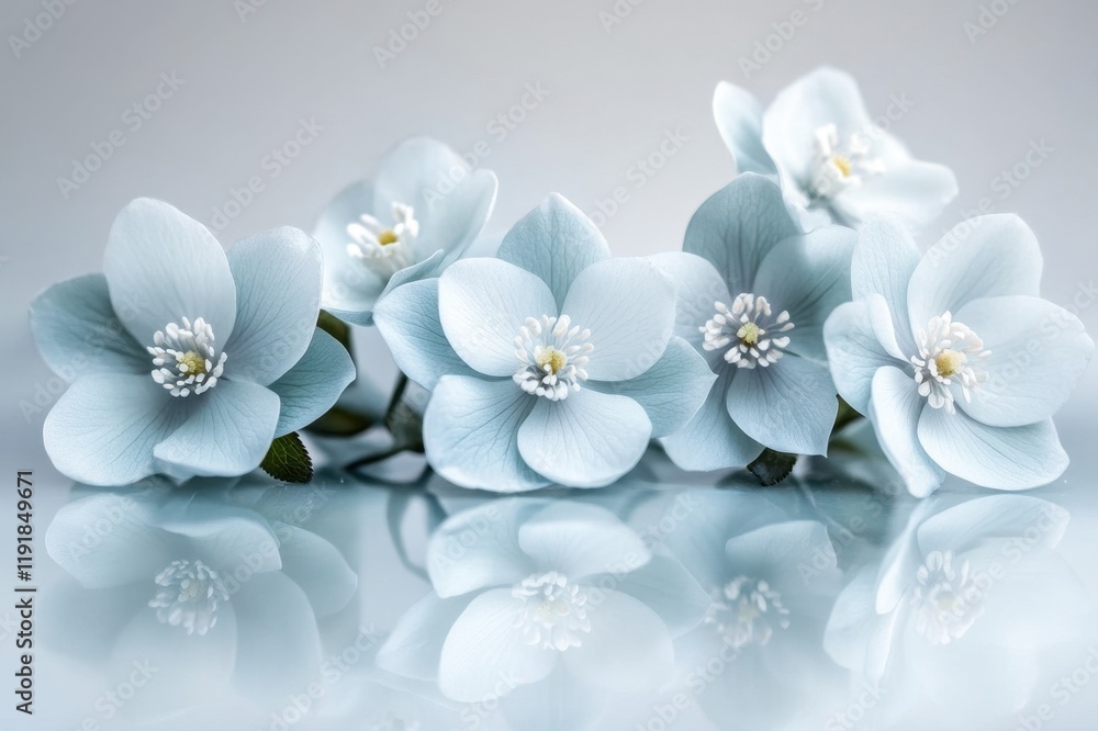 Delicate blue flowers reflecting softly on a serene surface Delicate blue flowers reflecting softly on a serene surface
